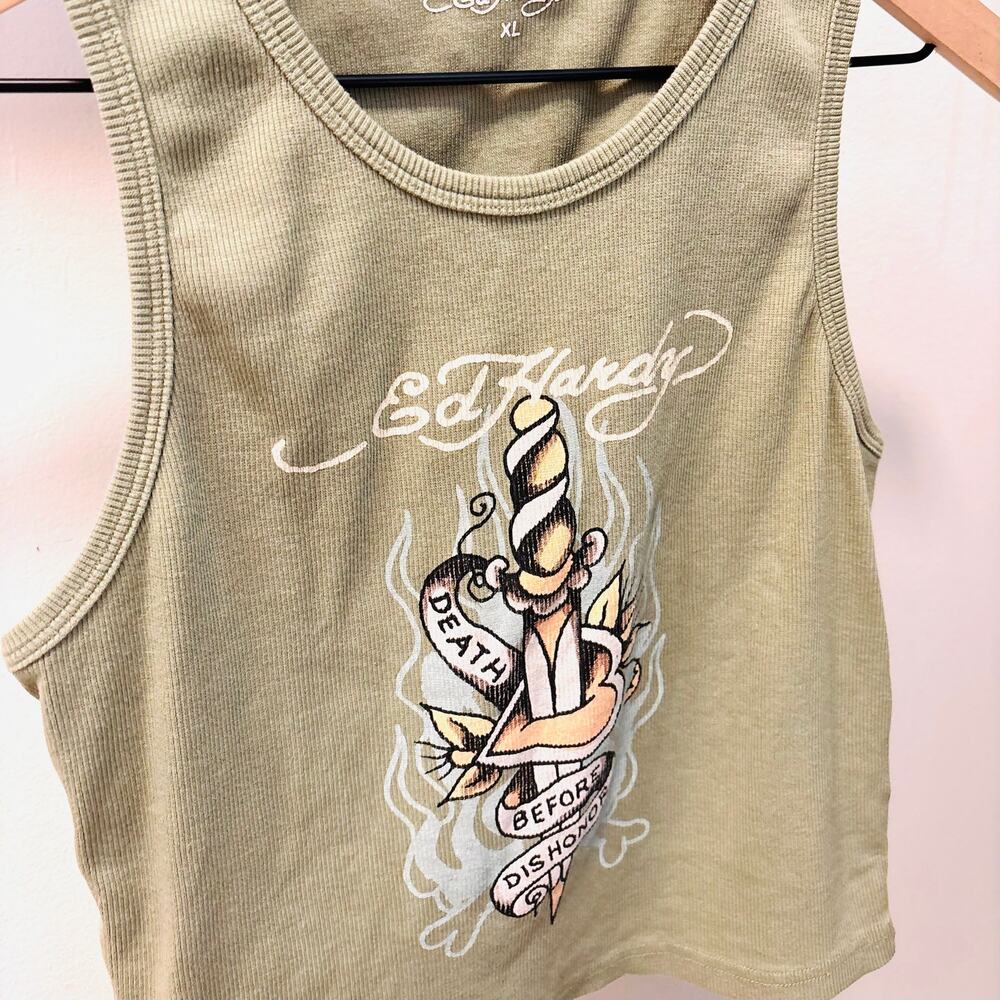 Y2K Ed Hardy Ribbed Cropped Tiny Tank Top – Olive Green Dagger Tattoo Graphic XL - Picture 3 of 6